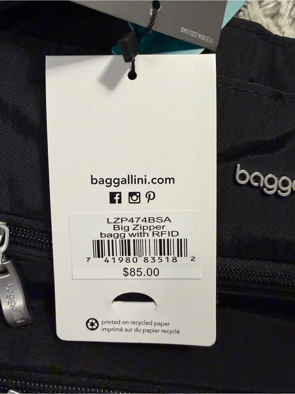 Baggallini Big Zipper Bagg RFID Black Crossbody Travel Purse NWT